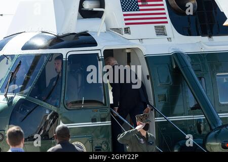 New York, NY - 7. September 2021: Präsident Joe Biden kommt am Flughafen JFK an, um die Schäden des Hurrikans Ida zu untersuchen Stockfoto