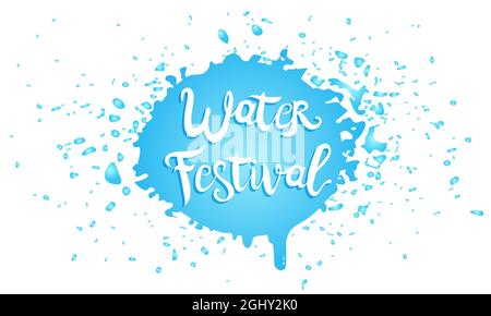 Vektor-Emblem für Songkran-Festival in Thailand. Logo für Wasserfest mit handgezeichntem Schriftzug und Wassertropfen. Stock Vektor