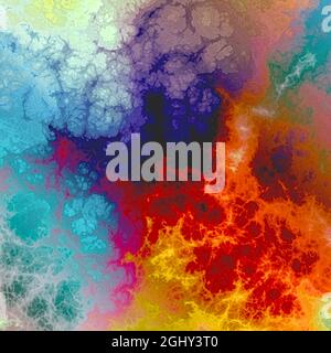 Mehrfarbiger abstrakter psychedelischer Hintergrund, hochauflösende Textur, lebendige helle Farben, dunklere Rottöne - Scharlach, Feuerstein, kastanienbraun, Süßigkeiten App Stockfoto