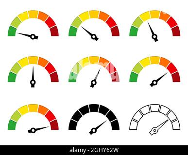 Tachometer-Symbol eingestellt. Vorlage für Leistungsindikatoren. Einfaches, flaches Design. Vektorgrafik isoliert auf Weiß. Stock Vektor