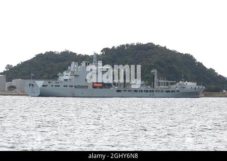 Kanagawa, Japan. September 2021. Royal Navy Zusatzflotte Tankschiff. Sie war die erste der RFA Tidespring (A136) Betankungsschiffe, die vom 5. September 2021 bis zum 2021. September am 7. September 2021 in Tokio, Japan, auf dem US-Marinestützpunkt Yokosuka, Japan, einsetzte. (Foto von Kazuki Oishi/Sipa USA) Quelle: SIPA USA/Alamy Live News Stockfoto