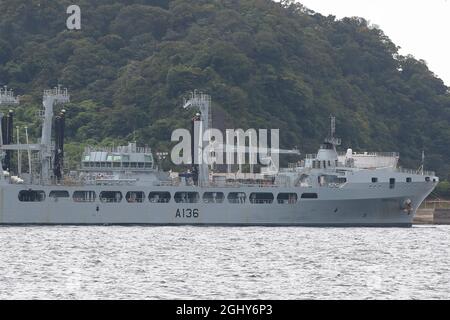 Kanagawa, Japan. September 2021. Royal Navy Zusatzflotte Tankschiff. Sie war die erste der RFA Tidespring (A136) Betankungsschiffe, die vom 5. September 2021 bis zum 2021. September am 7. September 2021 in Tokio, Japan, auf dem US-Marinestützpunkt Yokosuka, Japan, einsetzte. (Foto von Kazuki Oishi/Sipa USA) Quelle: SIPA USA/Alamy Live News Stockfoto