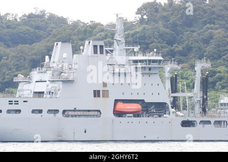 Kanagawa, Japan. September 2021. Royal Navy Zusatzflotte Tankschiff. Sie war die erste der RFA Tidespring (A136) Betankungsschiffe, die vom 5. September 2021 bis zum 2021. September am 7. September 2021 in Tokio, Japan, auf dem US-Marinestützpunkt Yokosuka, Japan, einsetzte. (Foto von Kazuki Oishi/Sipa USA) Quelle: SIPA USA/Alamy Live News Stockfoto