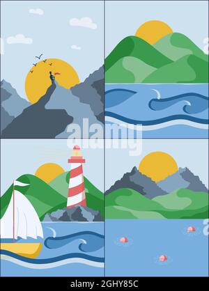 Poster von Sommerlandschaften mit verschiedenen Ansichten auf Meer, Berge und Hügel. Vektorgrafik in einem flachen Stil. Stock Vektor
