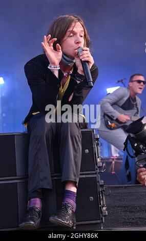 Napa, USA. September 2021. Matthew Shultz von Cage the Elephant tritt am 3. Tag des BottleRock Napa Valley Music Festival 2021 auf der Napa Valley Expo am 5. September 2021 in Napa, Kalifornien, auf. Foto von Casey Flanigan/imageSPACE/Sipa USA Credit: SIPA USA/Alamy Live News Stockfoto