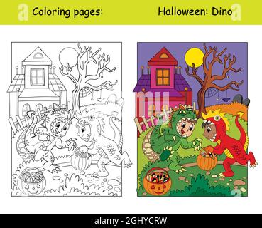 Lustige Jungs im Dinosaurier Kostüm. Halloween-Konzept. Malbuch-Seite für Kinder mit farbenfroher Vorlage. Vektorgrafik Cartoon-Illustration. Für den Druck, dez Stock Vektor