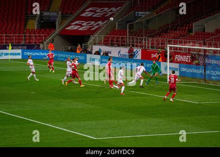 MOSKAU, RUSSLAND - 7. SEPTEMBER 2021 Otkrystie Arena Stadion. Qualifikationsturnier für die FIFA Fußball-Weltmeisterschaft 2022 in Katar. Gruppe H. Russland vs. Malta natio Stockfoto