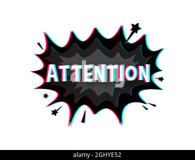 Comic-Sprechblasen mit Text-Aufmerksamkeit. Glitch-Symbol. Symbol, Aufkleberetikett, Etikett für Sonderangebote, Werbeplakette. Vektorgrafik. Stock Vektor