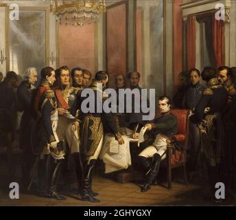 Die Abdankung von Napoleon Bonaparte im Jahr 1814. Napoleon unterschrieb das Papier und übergab es an Mitglieder der Koalition. Stockfoto
