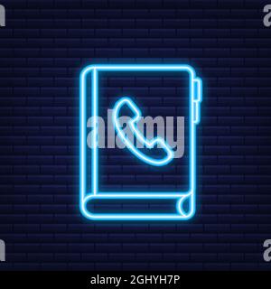 Flaches Symbol mit blauem Neon-Kontaktbuch auf dunklem Hintergrund für Papierdesign. Telefonsymbol. Vektorgrafik. Stock Vektor