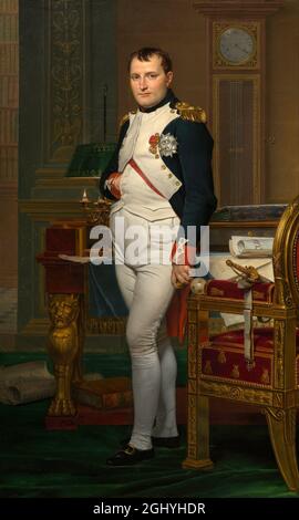 Ein Porträt von Napoleon Bonaparte als Kaiser in seinem Arbeitszimmer in Les Tuileries von Jacques Louis David. Stockfoto