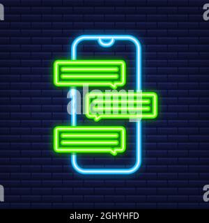 Messaging-Konzept. Hand hält Smartphone mit Chat-Menschen. Chat-Textblasen auf dem Telefonbildschirm. Neonsymbol. Vektorgrafik. Stock Vektor