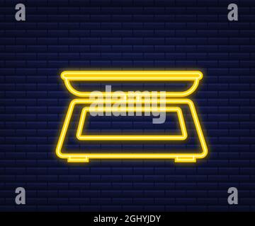 Waage auf weißem Hintergrund. Waagen mit Pfanne und Zifferblatt. Neon-Style. Vektorgrafik. Stock Vektor