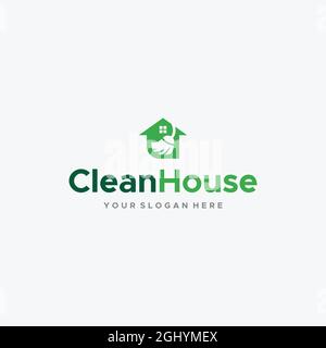 Flaches CleanHouse Besen Haus Fenster Logo Design Stock Vektor