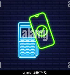 Logo für kontaktloses kabelloses Bezahlen. NFC-Technologie. Neonsymbol. Vektorgrafik. Stock Vektor