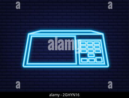 Waage auf weißem Hintergrund. Waagen mit Pfanne und Zifferblatt. Neon-Style. Vektorgrafik. Stock Vektor