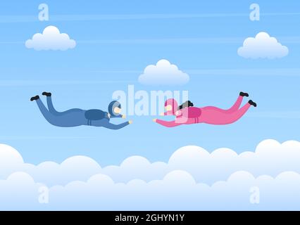 Skydive ist eine Art Sport der Outdoor-Aktivität Erholung mit Fallschirm und Hochsprung in Sky Air. Cute Cartoon Hintergrund Vektor Illustration Stock Vektor