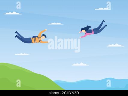 Skydive ist eine Art Sport der Outdoor-Aktivität Erholung mit Fallschirm und Hochsprung in Sky Air. Cute Cartoon Hintergrund Vektor Illustration Stock Vektor