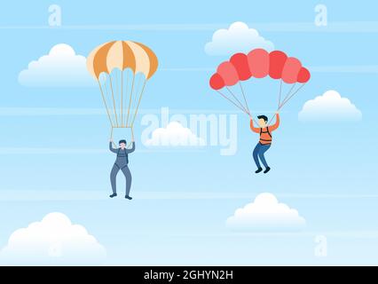 Skydive ist eine Art Sport der Outdoor-Aktivität Erholung mit Fallschirm und Hochsprung in Sky Air. Cute Cartoon Hintergrund Vektor Illustration Stock Vektor