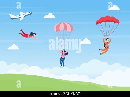 Skydive ist eine Art Sport der Outdoor-Aktivität Erholung mit Fallschirm und Hochsprung in Sky Air. Cute Cartoon Hintergrund Vektor Illustration Stock Vektor