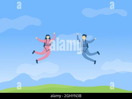 Skydive ist eine Art Sport der Outdoor-Aktivität Erholung mit Fallschirm und Hochsprung in Sky Air. Cute Cartoon Hintergrund Vektor Illustration Stock Vektor