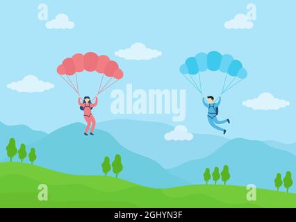 Skydive ist eine Art Sport der Outdoor-Aktivität Erholung mit Fallschirm und Hochsprung in Sky Air. Cute Cartoon Hintergrund Vektor Illustration Stock Vektor