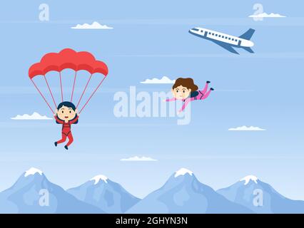 Skydive ist eine Art Sport der Outdoor-Aktivität Erholung mit Fallschirm und Hochsprung in Sky Air. Cute Cartoon Hintergrund Vektor Illustration Stock Vektor