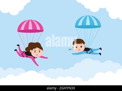 Skydive ist eine Art Sport der Outdoor-Aktivität Erholung mit Fallschirm und Hochsprung in Sky Air. Cute Cartoon Hintergrund Vektor Illustration Stock Vektor