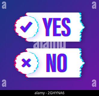 Ja kein Worttext auf Gesprächsform. Vektor Stock Illustration ja nein in Sprechblase im Glitch-Stil. Vektorgrafik. Stock Vektor