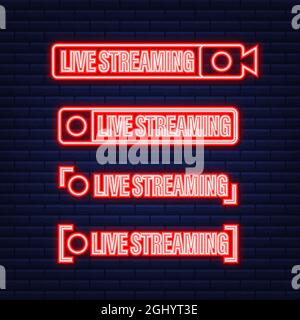 Satz von Live-Streaming-Symbolen. Rundfunk. Rote Symbole und Schaltflächen für Live-Stream, Online-Stream. Neonsymbol. Vektorgrafik. Stock Vektor