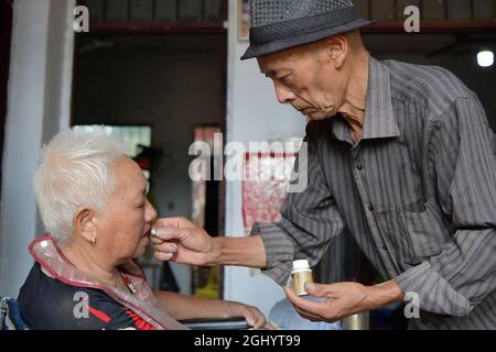 NANCHANG, 8. September 2021 (Xinhua) -- Luo Anmin gibt seiner Frau Medizin im Dorf Xuluo im Bezirk Nanchang, ostchinesische Provinz Jiangxi, 5. September 2021. Luo Anmin ist 76 Jahre alt. 2008 litt seine Frau Wan Zhaolian an Hirntumor und verlor leider das Bewusstsein, aber Luo gab nie auf. Er sprach mit seiner Frau und gab ihr jeden Tag Massagen, in der Hoffnung, dass es ihr eines Tages besser gehen könnte. Nach drei Jahren liebevoller Fürsorge geschah das Wunder. 2011 erlangte Wan Zhaolian wieder das Bewusstsein, was Luo mehr Hoffnung gab, obwohl sie immer noch nicht sprechen und gehen konnte. Luo sagte, er liebe Hallo Stockfoto