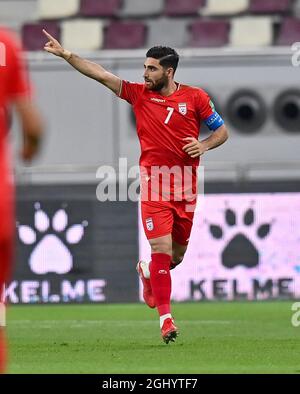 Doha, Katar. September 2021. Alireza Jahanbakhsh aus dem Iran feiert nach seinem Tor beim Qualifikationsspiel der FIFA-Weltmeisterschaft zwischen dem Iran und dem Irak in Doha, Katar, am 7. September 2021. Kredit: Nikku/Xinhua/Alamy Live Nachrichten Stockfoto