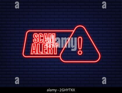 Banner mit roter Betrugswarnung. Hinweisschild. Neonsymbol. Aufkleber mit Warnschild. Flaches Warnsymbol. Vektorgrafik. Stock Vektor