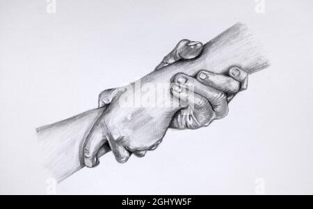 Zeichnen, das eine helfende Hand gibt. Skizze von zwei Händen, die sich halten. Stockfoto