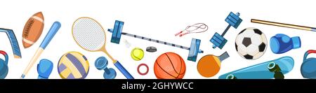 Sportausrüstung für Sportler. Horizontaler, nahtloser Rand unten. Isoliert auf weißem Hintergrund. Werkzeugsatz. Vektor Mit Farbenfrohen Illustrationen Stock Vektor