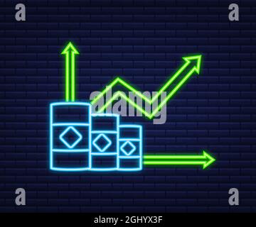 Steigender Ölpreis auf weißem Hintergrund. Neon-Style. Vektorgrafik. Stock Vektor