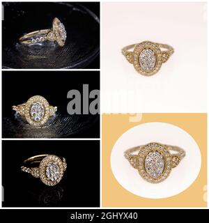 Collage aus Gold und Diamant Halo-Ring auf schwarz-weißen Hintergründen und aus verschiedenen Blickwinkeln gesetzt Stockfoto