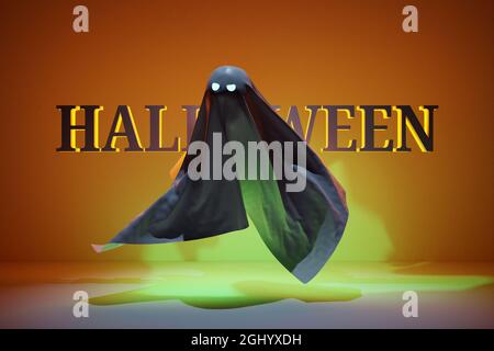 3d-Illustration schwarzer Geist mit Augen, die für Halloween in unheilvoller Grün auf gelbem Hintergrund leuchten. 3D-Illustration eines Gespenstes, der auf einem gruseligen h schwebt Stockfoto