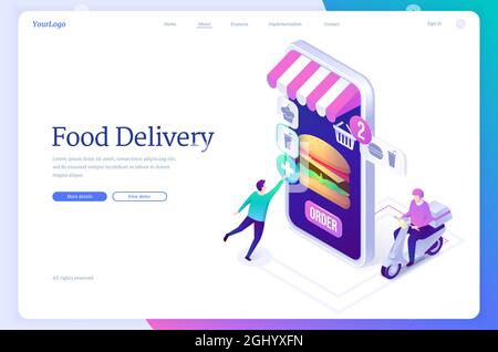 Banner für die Lebensmittelzustellung. Online-Service für Bestellungen im Restaurant oder Geschäft mit schnellem Versand. Vektor-Landing-Page mit isometrischer Abbildung des Smartphones mit Burger auf dem Bildschirm und Kurier auf dem Roller Stock Vektor