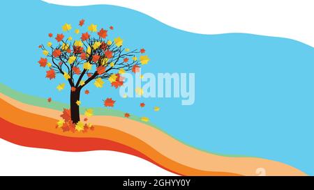 Abstrakter Ahornbaum mit fallenden Herbstblättern über blauem Himmel Hintergrund. Stock Vektor