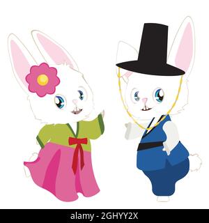 Nettes Cartoon weißes Häschen Paar trägt traditionelle koreanische Kostüm Hanbok für Chuseok, Mid Autumn Festival. Stock Vektor