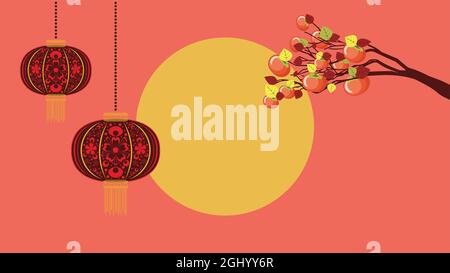 Orangefarbene Kakimmonfrüchte auf Ast und Vollmond, Chuseok-Design. Stock Vektor