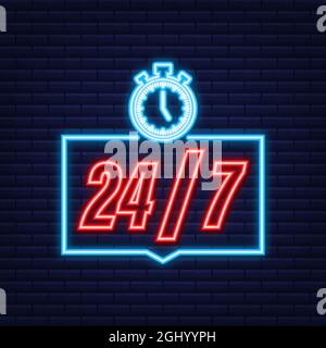 24-7 Servicekonzept. 24-7 geöffnet. Symbol für den Support-Service. Neonsymbol. Stock Vektor