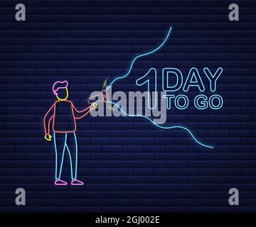 Männliche Hand hält Megaphon mit 1 Tag zu gehen Sprechblase. Lautsprecher. Banner für Unternehmen, Marketing und Werbung. Neon-Style. Vektormaterial Stock Vektor