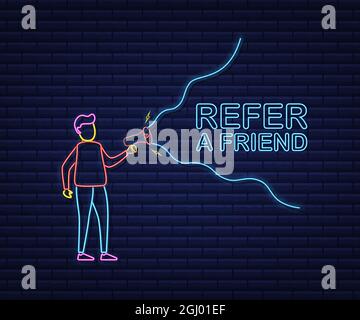 Mann mit Megaphon, empfehlen Sie einen Freund. Neon-Style. Vektorgrafik. Stock Vektor