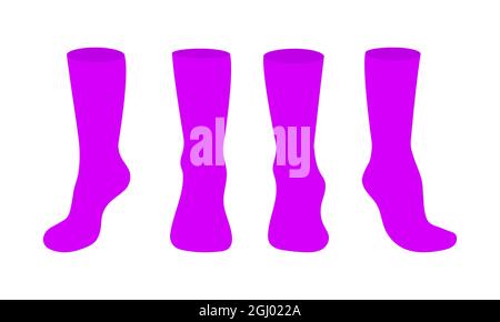 Lila Socken Vorlage mockup flachen Stil Design Vektor Illustration Set isoliert auf weißem Hintergrund. Lange schwarze Socken mit verschiedenen Winkeln Mockups. Stock Vektor