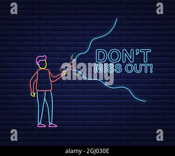 Mann mit Megaphon - nicht verpassen. Neon-Style. Vektorgrafik. Stock Vektor