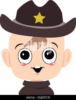 Avatar eines Kindes mit großen Augen und einem breiten Lächeln in einem Sheriffhut mit einem gelben Stern. Niedliches Kind mit einem fröhlichen Gesicht in einem Karnevalskostüm. Kopf von entzückenden Baby mit glücklichen Emotionen Stock Vektor