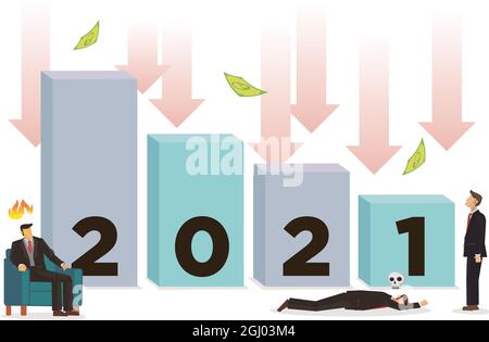 Negativer Wachstumsmarkt-Crash im Jahr 2021. Konzept der negativen Indikatoren, Rückgang des Geschäfts und Rezession. Flache Vektorgrafik. Stock Vektor