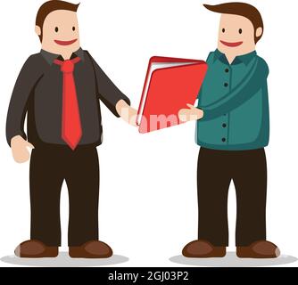 Geschäftsmann, der einem anderen Geschäftsmann in seinem Büro Ordner gibt. Konzept der unternehmerische Arbeit und Kultur. Flache Vektorgrafik Stock Vektor
